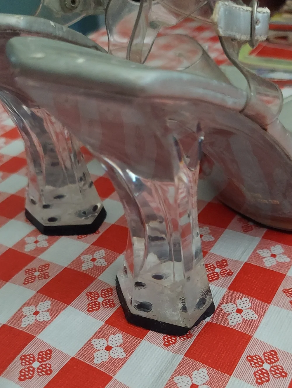 Mandee Clear Rhinestone Block Heel Sandals with Silver Trim